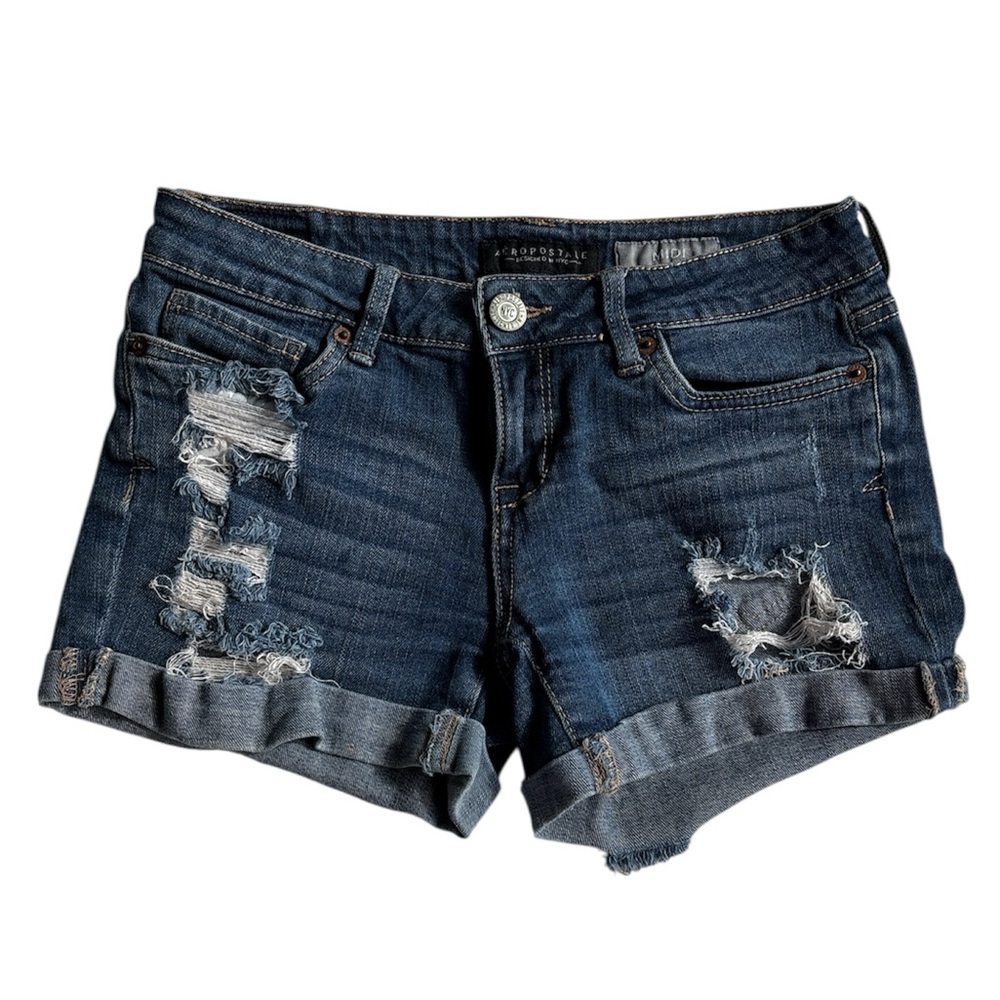 Aeropostale Women's Distressed Seriously Stretchy Denim Jeans Midi Shorts Size 0